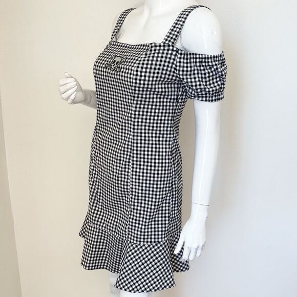 New Look Black White Checkered Off Shoulder Mini Dress Ruffled Hem Skull Detail - Picture 3 of 6